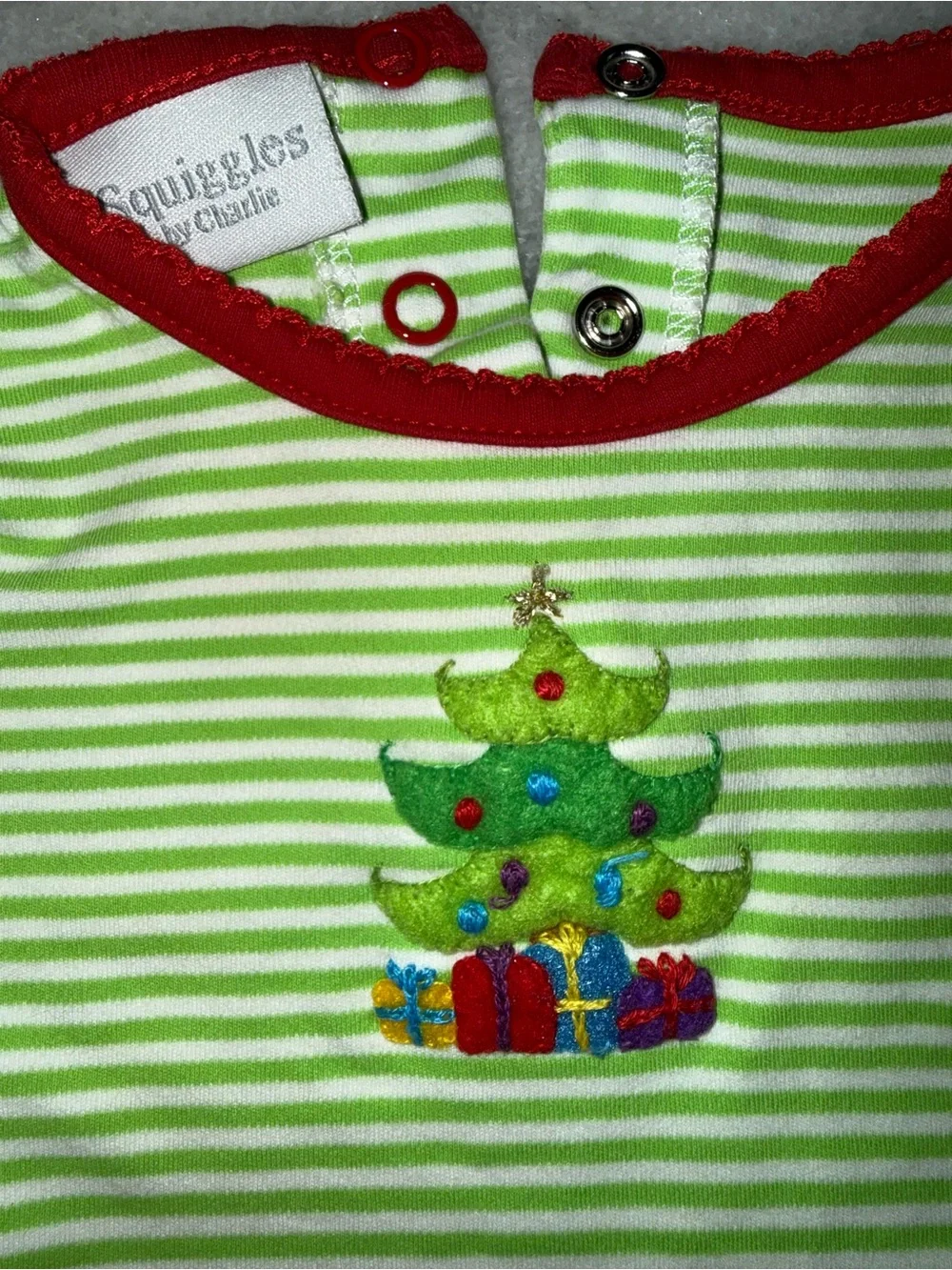 Squiggles by Charlie Green Stripe Christmas Tree Set with Red Trim Cotton 6-9m